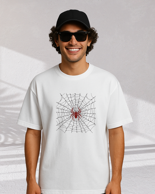 Spider Web Graphic Oversized White T-Shirt for Men