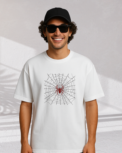Spider Web Graphic Oversized White T-Shirt for Men